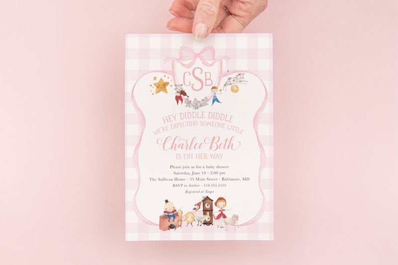 Nursery Rhymes Preppy Invitations, Pink Monogram Invites, Watercolor Crest, Gingham Bow Baby Shower, Baby Invites, Classic Nursery Rhyme (10 printed invitations | Plain White Envelopes)
