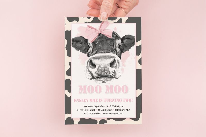 Holy Cow Invites - First Birthday Party Invitations - Girl Farm Party Invite - Girl Birthday Invitation - Cow Birthday (10 printed invitations | Plain White Envelopes)