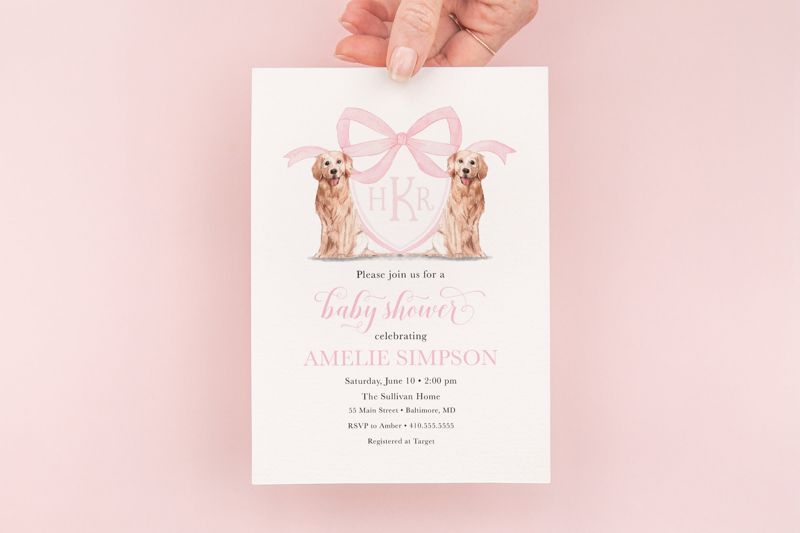 Golden Retriever Crest Girl Baby Shower Invitation, Preppy Watercolor Crest, Golden Retriever, Pink Monogram, Bow Baby Shower Invitations