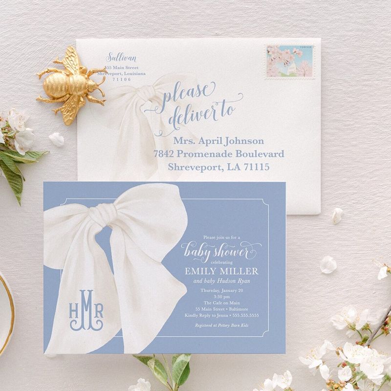 Boy Baby Shower Invitations - Baby Boy Sprinkle - Classic Invite - Preppy Southern - Blue Monogram Heirloom Bow - First Birthday (10 printed invitations | Plain White Envelopes)