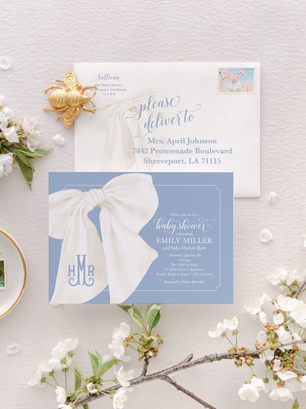 Boy Baby Shower Invitations - Baby Boy Sprinkle - Classic Invite - Preppy Southern - Blue Monogram Heirloom Bow - First Birthday (10 printed invitations | Plain White Envelopes)