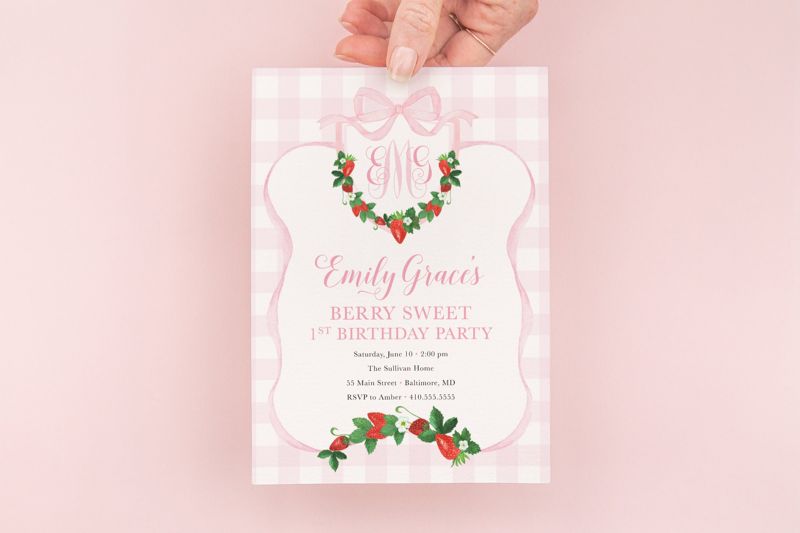 Berry Sweet First Birthday Invitation - Preppy Pink Monogram - Strawberry Watercolor Crest - Printable Bow Party - Berry First Birthday