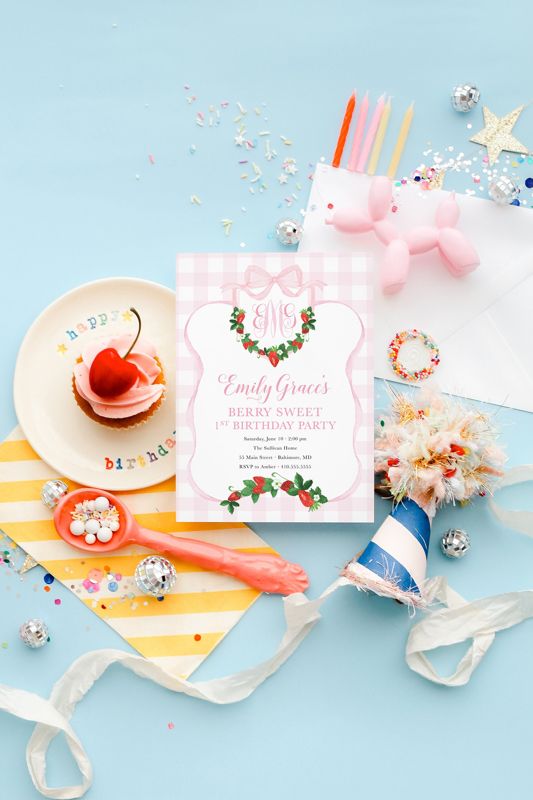 Berry Sweet First Birthday Invitation - Preppy Pink Monogram - Strawberry Watercolor Crest - Printable Bow Party - Berry First Birthday
