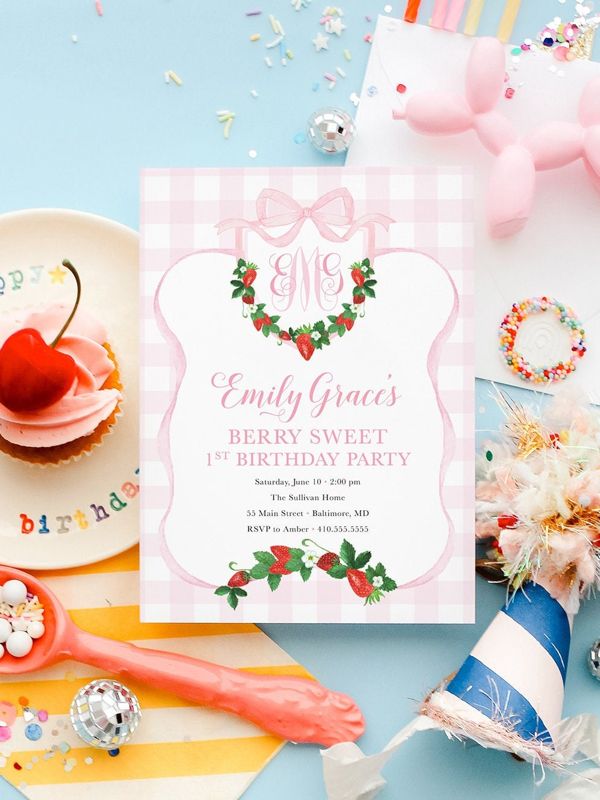 Berry Sweet First Birthday Invitation - Preppy Pink Monogram - Strawberry Watercolor Crest - Printable Bow Party - Berry First Birthday