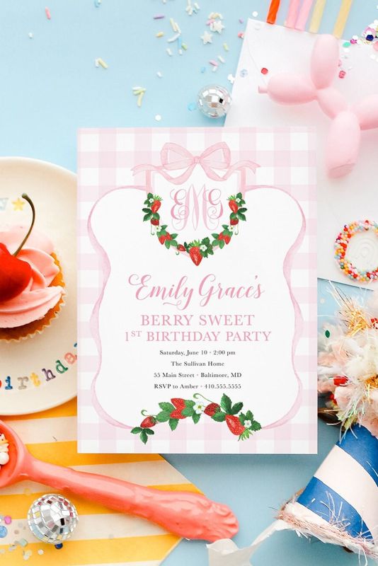 Berry Sweet First Birthday Invitation - Preppy Pink Monogram - Strawberry Watercolor Crest - Printable Bow Party - Berry First Birthday