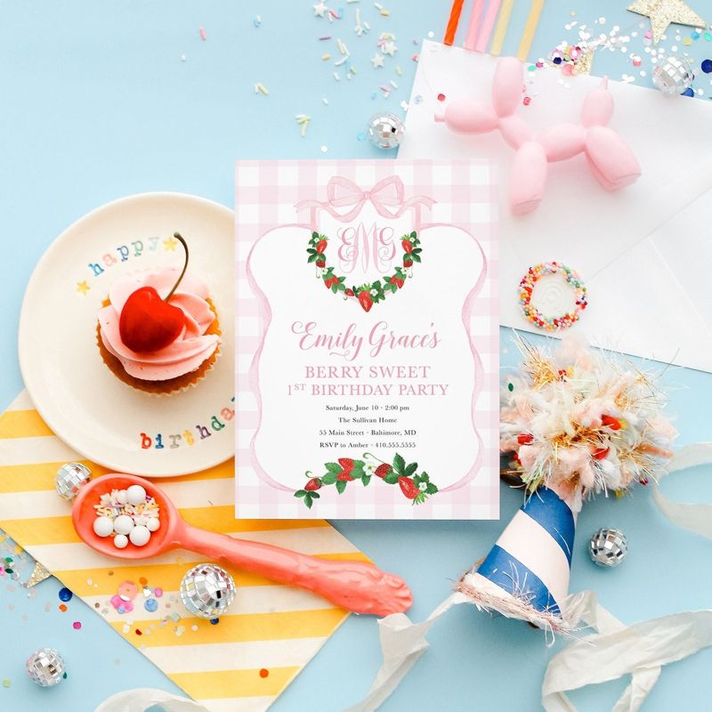 Berry Sweet First Birthday Invitation - Preppy Pink Monogram - Strawberry Watercolor Crest - Printable Bow Party - Berry First Birthday