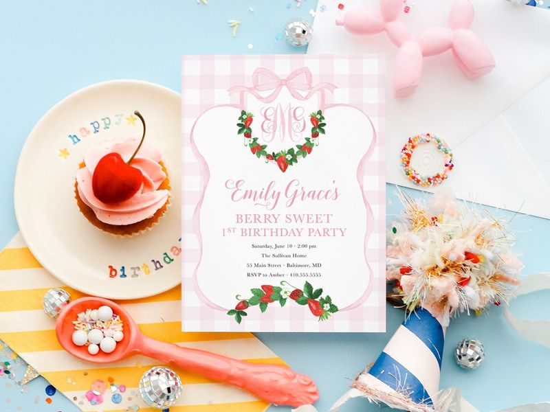 Berry Sweet First Birthday Invitation - Preppy Pink Monogram - Strawberry Watercolor Crest - Printable Bow Party - Berry First Birthday