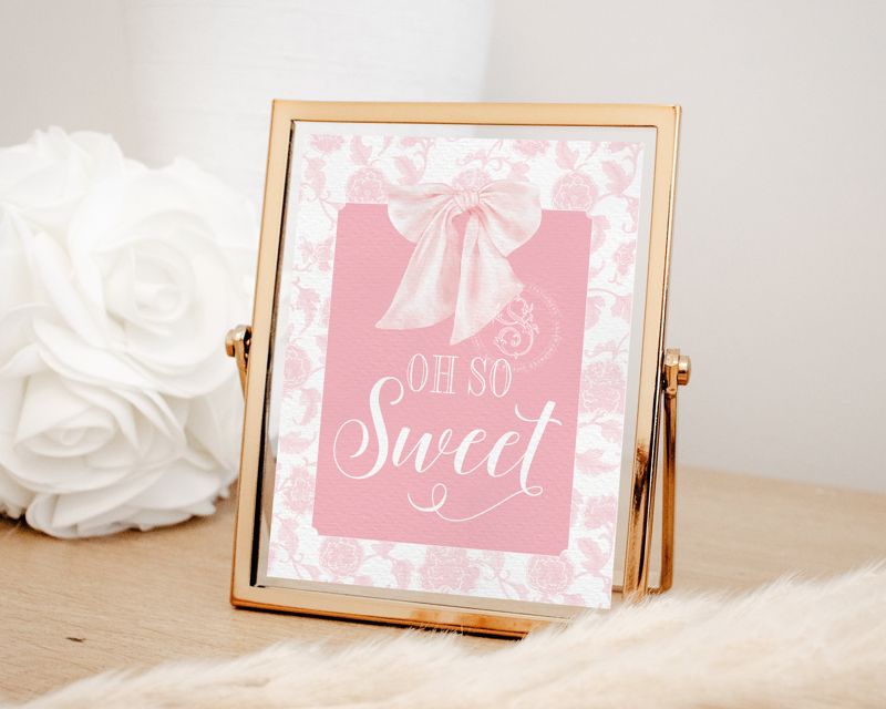 Dessert Sign for Girl Baby Shower Printable with Pink Bow Toile - Printable 8x10 - Preppy Pink Chinoiserie Baby Sprinkle - Oh so sweet