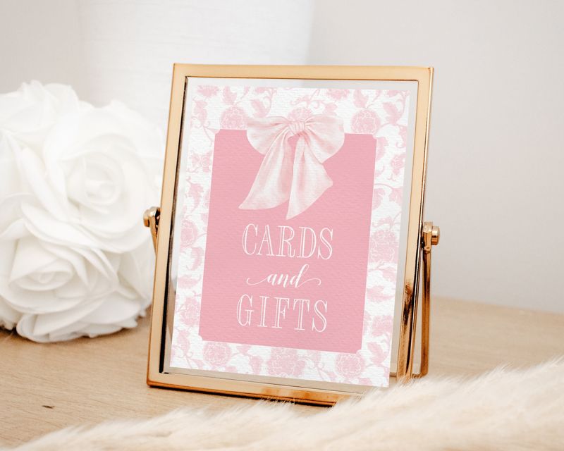 Cards and Gifts Sign for Girl Baby Shower Printable with Pink Bow Toile - Printable 8x10 - Preppy Pink Chinoiserie Baby Sprinkle