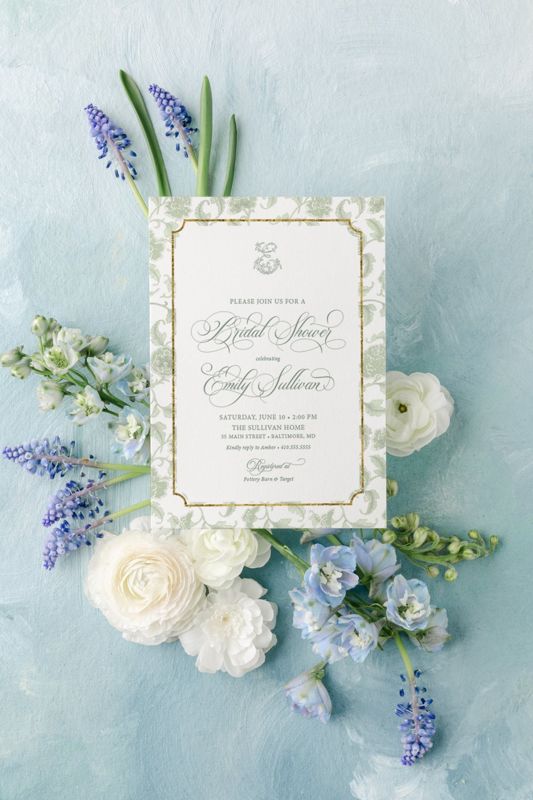 Sage Green Chinoiserie Monogram Bridal Shower Invitations - Monogram Invite - Bridal Brunch - Bridesmaids Luncheon - Bridal Tea - Printable