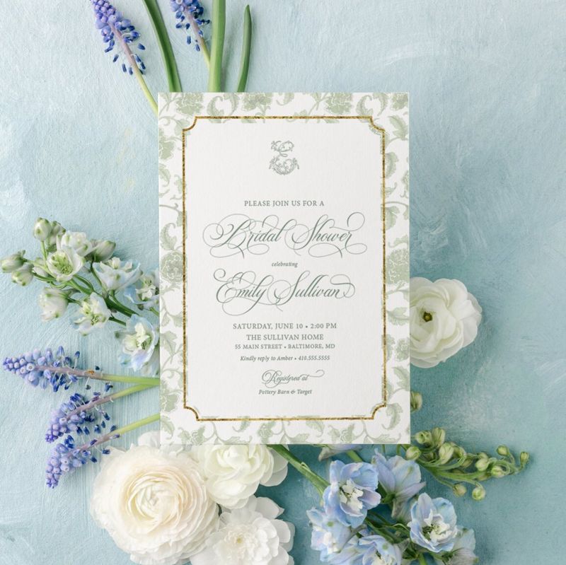 Sage Green Chinoiserie Monogram Bridal Shower Invitations - Monogram Invite - Bridal Brunch - Bridesmaids Luncheon - Bridal Tea - Printable