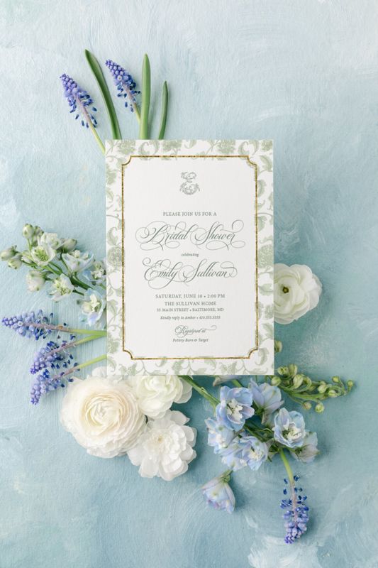 Sage Green Chinoiserie Monogram Bridal Shower Invitations - Monogram Invite - Bridal Brunch - Bridesmaids Luncheon - Bridal Tea - Printable