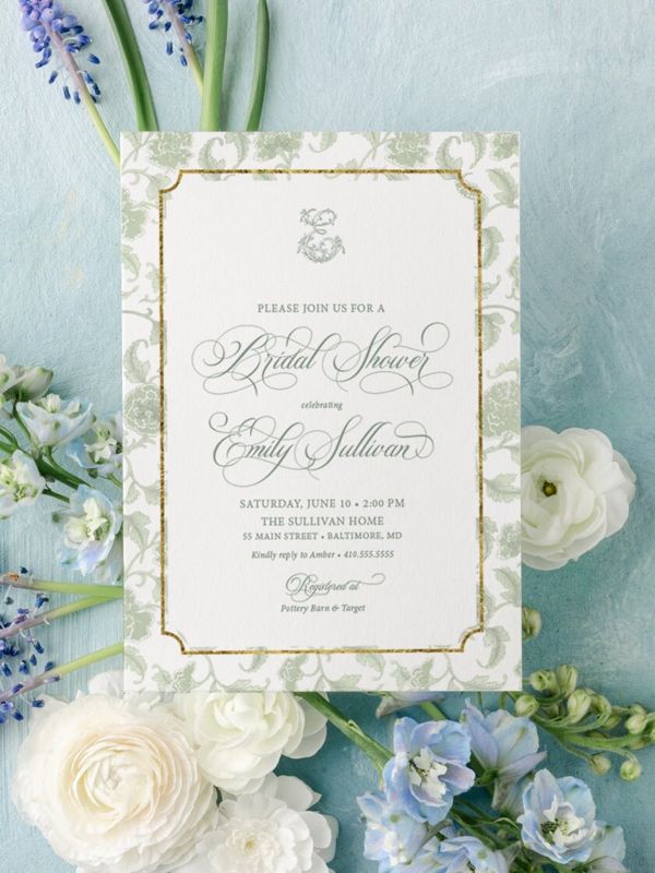 Sage Green Chinoiserie Monogram Bridal Shower Invitations - Monogram Invite - Bridal Brunch - Bridesmaids Luncheon - Bridal Tea - Printable
