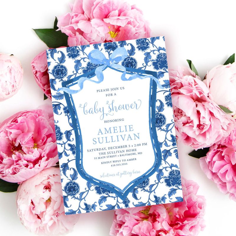 Preppy Blue and White Chinoiserie Toile Baby Shower Invitations - Watercolor Crest Boy Baby Sprinkle Invite Grandmillenial Blue (10 printed invitations | Plain White Envelopes)