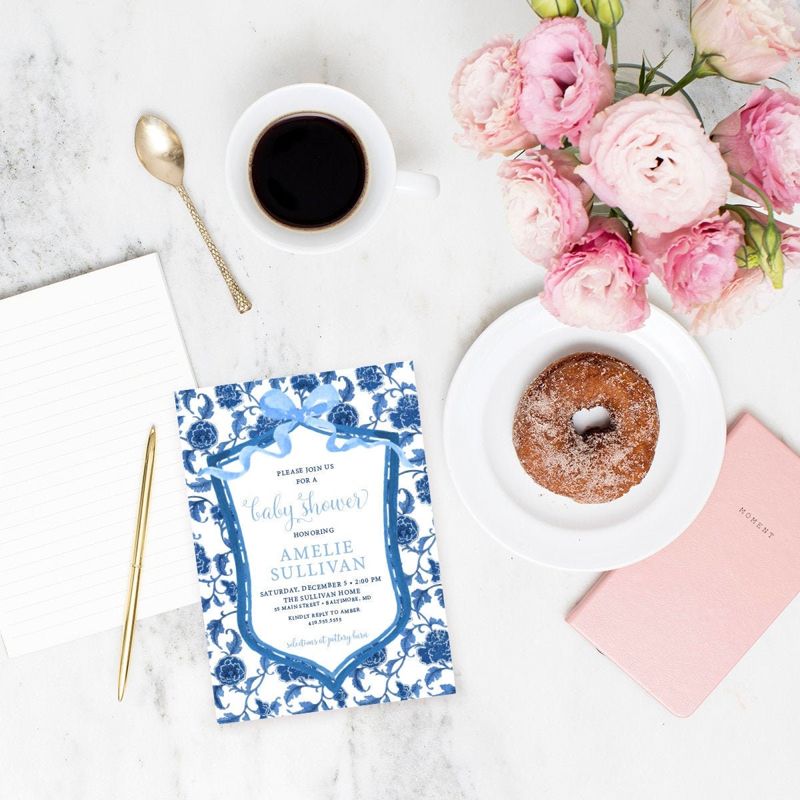 Preppy Blue and White Chinoiserie Toile Baby Shower Invitations - Watercolor Crest Boy Baby Sprinkle Invite Grandmillenial Blue (10 printed invitations | Plain White Envelopes)