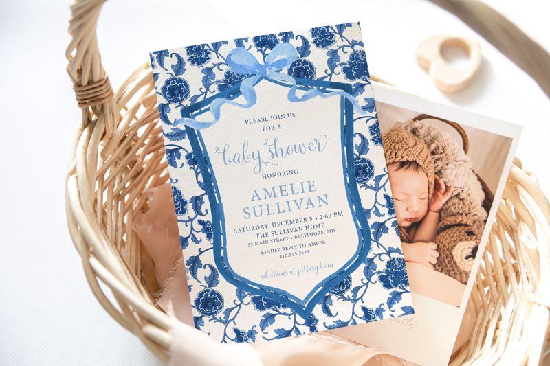 Preppy Blue and White Chinoiserie Toile Baby Shower Invitations - Watercolor Crest Boy Baby Sprinkle Invite Grandmillenial Blue (10 printed invitations | Plain White Envelopes)
