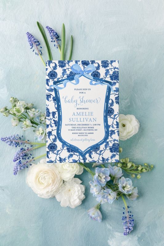 Preppy Blue and White Chinoiserie Toile Baby Shower Invitations - Watercolor Crest Boy Baby Sprinkle Invite Grandmillenial Blue (10 printed invitations | Plain White Envelopes)