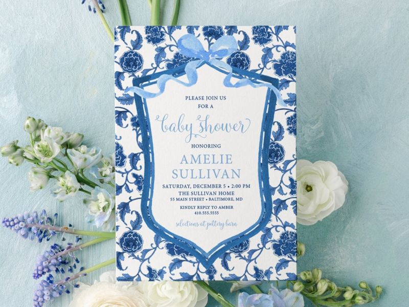 Preppy Blue and White Chinoiserie Toile Baby Shower Invitations - Watercolor Crest Boy Baby Sprinkle Invite Grandmillenial Blue (10 printed invitations | Plain White Envelopes)
