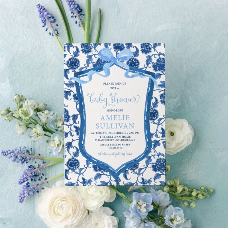 Preppy Blue and White Chinoiserie Toile Baby Shower Invitations - Watercolor Crest Boy Baby Sprinkle Invite Grandmillenial Blue (10 printed invitations | Plain White Envelopes)