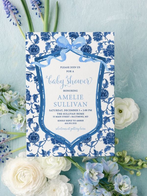 Preppy Blue and White Chinoiserie Toile Baby Shower Invitations - Watercolor Crest Boy Baby Sprinkle Invite Grandmillenial Blue (10 printed invitations | Plain White Envelopes)
