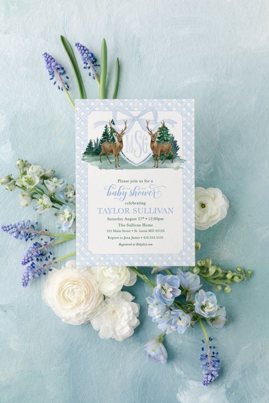 Deer Baby Boy Shower Invitation Woodland Boy Baby Sprinkle Traditional Preppy Monogram Printed (10 printed invitations | Plain White Envelopes)