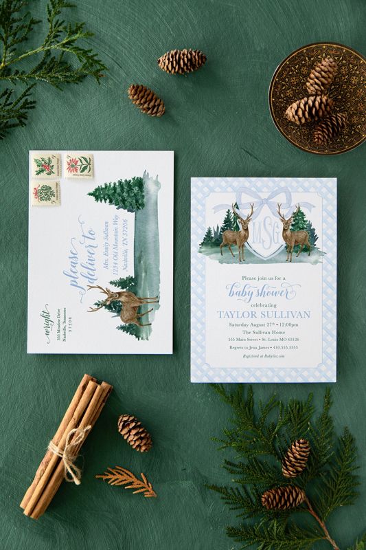 Deer Baby Boy Shower Invitation Woodland Boy Baby Sprinkle Traditional Preppy Monogram Printed (10 printed invitations | Plain White Envelopes)