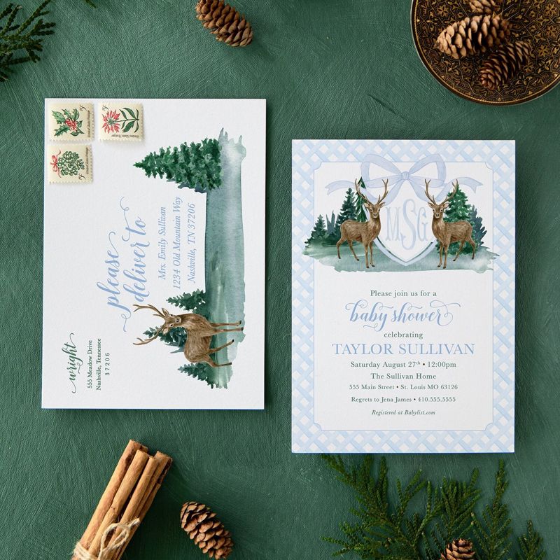 Deer Baby Boy Shower Invitation Woodland Boy Baby Sprinkle Traditional Preppy Monogram Printed (10 printed invitations | Plain White Envelopes)