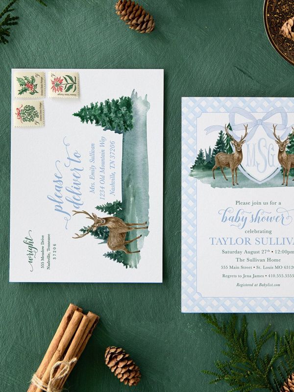 Deer Baby Boy Shower Invitation Woodland Boy Baby Sprinkle Traditional Preppy Monogram Printed (10 printed invitations | Plain White Envelopes)