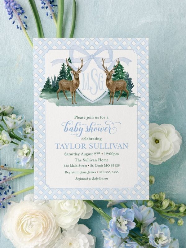 Deer Baby Boy Shower Invitation Woodland Boy Baby Sprinkle Traditional Preppy Monogram Printed (10 printed invitations | Plain White Envelopes)