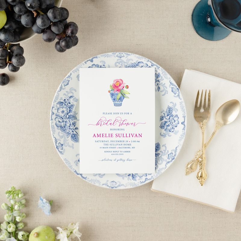 Bridal Shower Invitation, Ginger Jar with bright florals, Chinoiserie Bridal Tea, Bridesmaids Luncheon, Bridal Brunch Invite Blue and White (10 printed invitations, Plain White Envelopes)