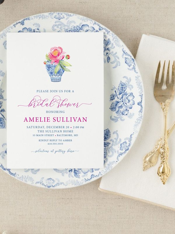 Bridal Shower Invitation, Ginger Jar with bright florals, Chinoiserie Bridal Tea, Bridesmaids Luncheon, Bridal Brunch Invite Blue and White (10 printed invitations, Plain White Envelopes)