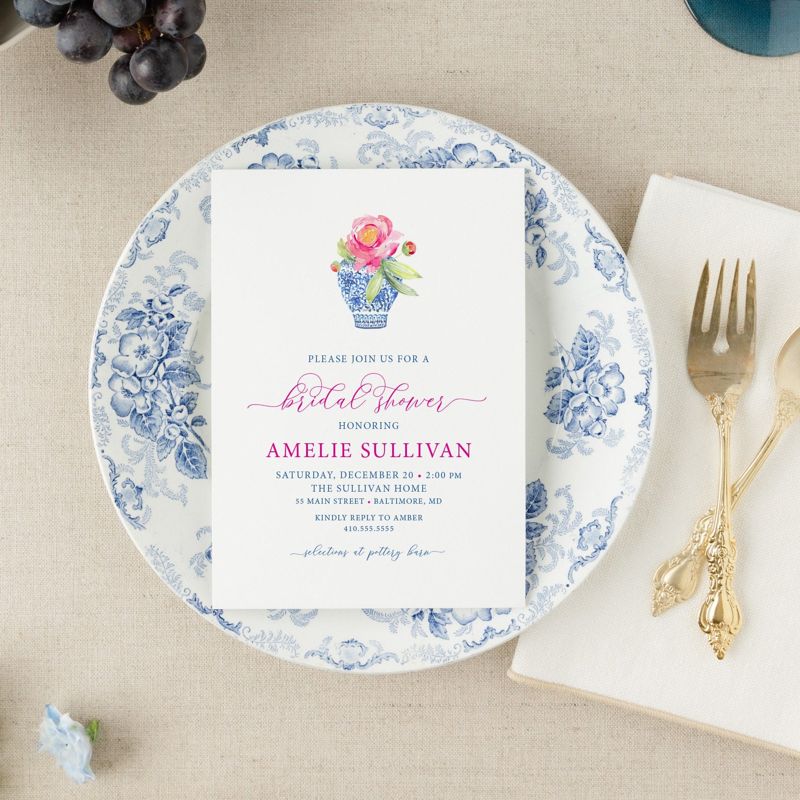 Bridal Shower Invitation, Ginger Jar with bright florals, Chinoiserie Bridal Tea, Bridesmaids Luncheon, Bridal Brunch Invite Blue and White (10 printed invitations, Plain White Envelopes)