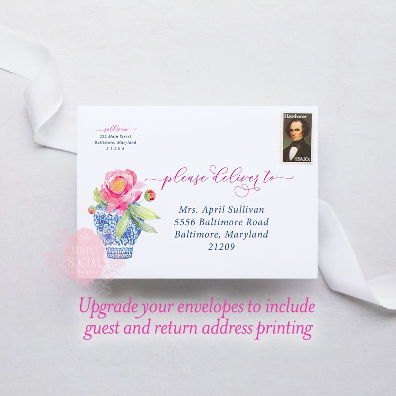 Bridal Shower Invitation, Ginger Jar with bright florals, Chinoiserie Bridal Tea, Bridesmaids Luncheon, Bridal Brunch Invite Blue and White (10 printed invitations, Plain White Envelopes)
