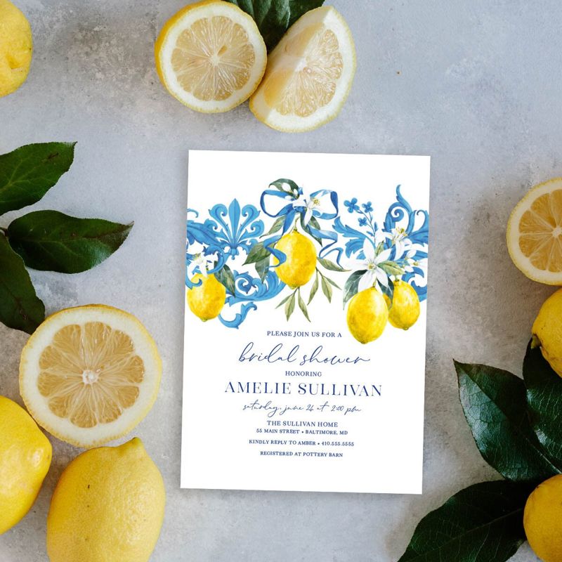 Tuscan Lemon Bridal Shower Invitation - Blue Tile and Lemon Bridal Shower - Bridesmaids Luncheon - Graduation Party (10 printed invitations | Plain White Envelopes)