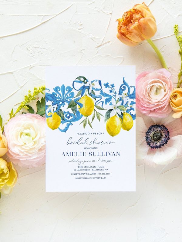 Tuscan Lemon Bridal Shower Invitation - Blue Tile and Lemon Bridal Shower - Bridesmaids Luncheon - Graduation Party (10 printed invitations | Plain White Envelopes)
