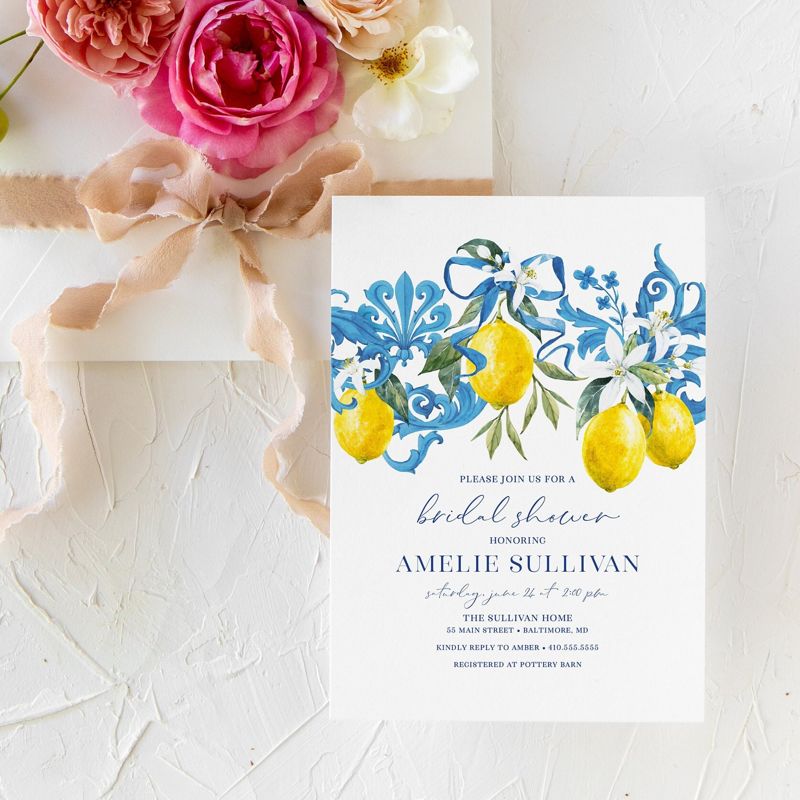 Tuscan Lemon Bridal Shower Invitation - Blue Tile and Lemon Bridal Shower - Bridesmaids Luncheon - Graduation Party (10 printed invitations | Plain White Envelopes)