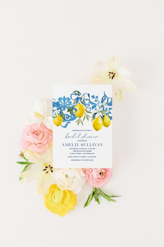 Tuscan Lemon Bridal Shower Invitation - Blue Tile and Lemon Bridal Shower - Bridesmaids Luncheon - Graduation Party (10 printed invitations | Plain White Envelopes)