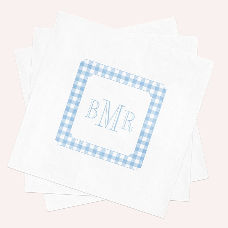 Custom Monogram Napkins for Boy Baby Shower - Blue Gingham Paper Napkins - Monogram Napkins for Baby Boy Sprinkle - Custom Cocktail Napkins (100 Printed Napkins, Cocktail 4.75")