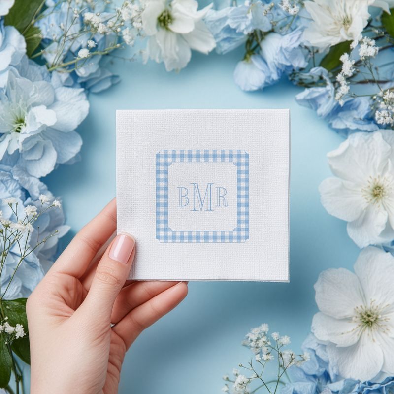Custom Monogram Napkins for Boy Baby Shower - Blue Gingham Paper Napkins - Monogram Napkins for Baby Boy Sprinkle - Custom Cocktail Napkins (100 Printed Napkins, Cocktail 4.75")