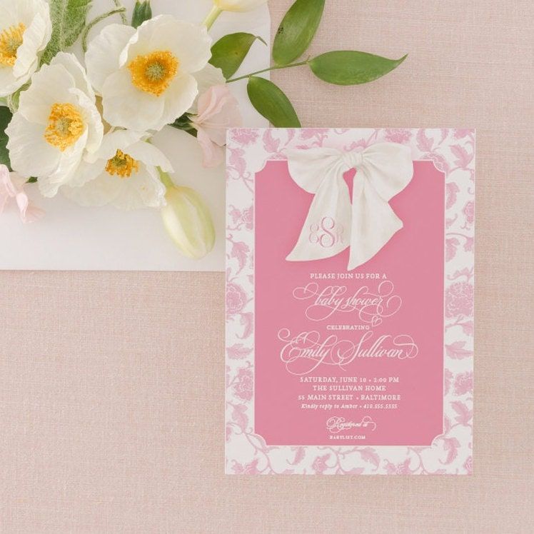 Girl Baby Shower Invitation - Chinoiserie Toile Invite - Preppy Southern - Pink Monogram Bow - Heirloom Bow Graphic - Classic Invitations (10 printed invitations | Plain White Envelopes)