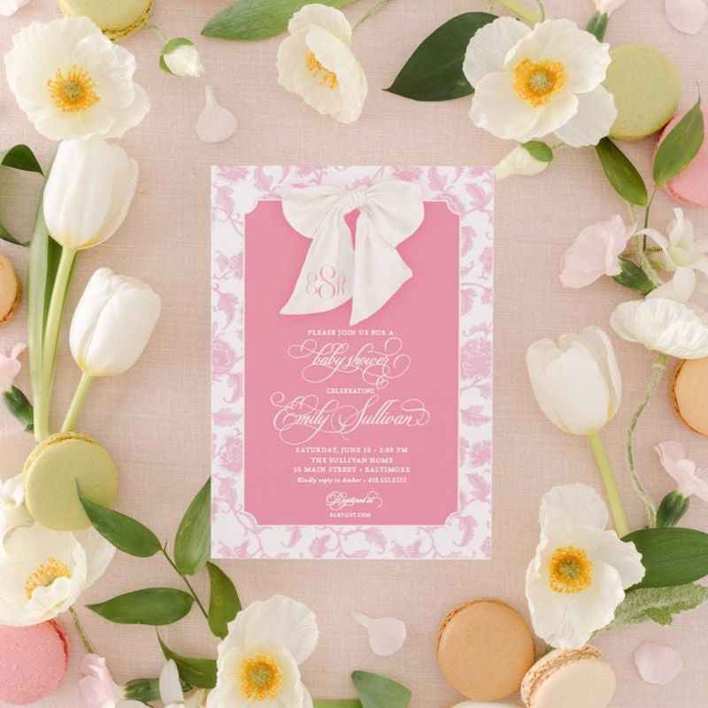 Girl Baby Shower Invitation - Chinoiserie Toile Invite - Preppy Southern - Pink Monogram Bow - Heirloom Bow Graphic - Classic Invitations (10 printed invitations | Plain White Envelopes)