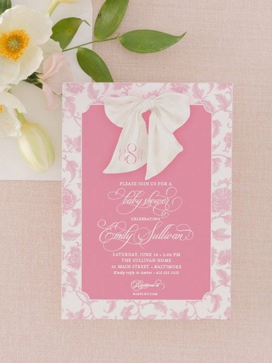 Girl Baby Shower Invitation - Chinoiserie Toile Invite - Preppy Southern - Pink Monogram Bow - Heirloom Bow Graphic - Classic Invitations (10 printed invitations | Plain White Envelopes)