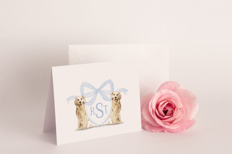 Preppy Watercolor Crest - Golden Retriever - Blue Monogram - Bow Baby Shower Thank You Notes (20 printed notes)