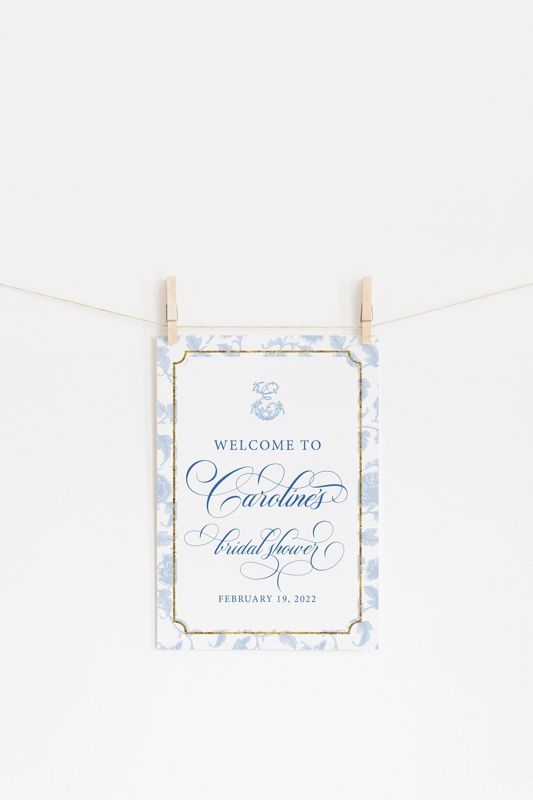 Printed Chinoiserie Bridal Shower Welcome Sign - 18 x 24" welcome poster - bridal luncheon - bridesmaids brunch - bridal tea blue toile (18x24")