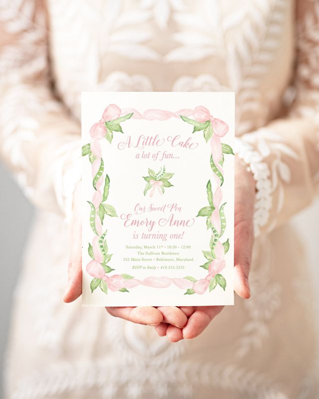Girl First Birthday Party Invitations, Sweet Pea, Pink and Green, Timeless Whimsical Grandmillenial Printed (10 printed invitations | Plain White Envelopes)