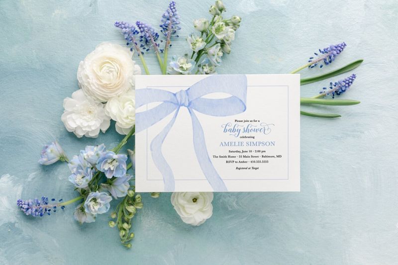 Boy Baby Shower Invitations Printed - Baby Boy Sprinkle Invites - Preppy Blue Bow Sip and See Invite - Baby Blessing Boy (10 printed invitations, Plain White Envelopes)