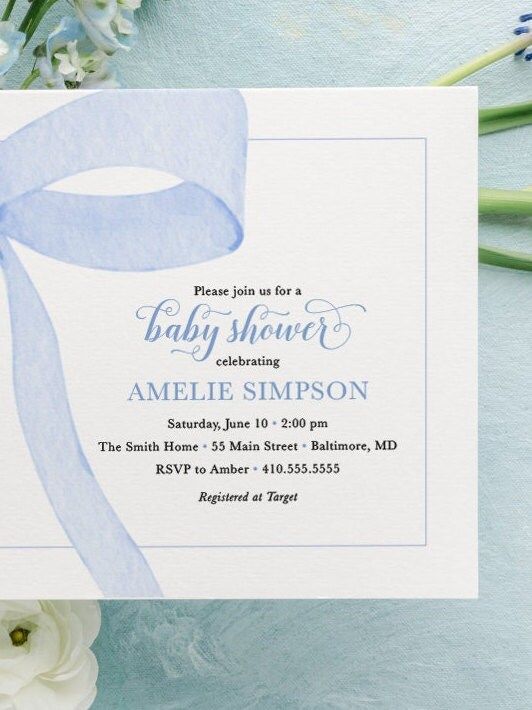 Boy Baby Shower Invitations Printed - Baby Boy Sprinkle Invites - Preppy Blue Bow Sip and See Invite - Baby Blessing Boy (10 printed invitations, Plain White Envelopes)