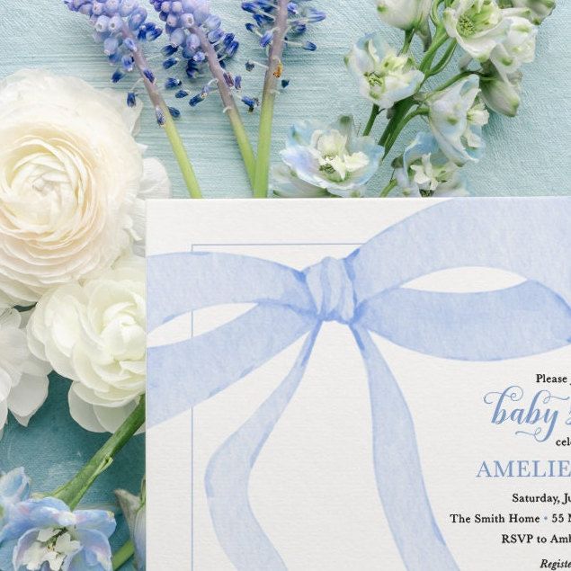 Boy Baby Shower Invitations Printed - Baby Boy Sprinkle Invites - Preppy Blue Bow Sip and See Invite - Baby Blessing Boy (10 printed invitations, Plain White Envelopes)