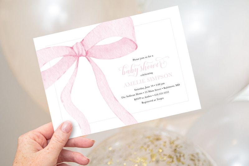 Preppy Pink Bow Baby Shower Invitation Printed - Girl Baby Shower Watercolor Bow - Heirloom Pink Bow Party - Baby Girl Sprinkle Invitation (10 printed invitations | Plain White Envelopes)