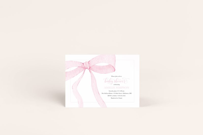 Preppy Pink Bow Baby Shower Invitation Printed - Girl Baby Shower Watercolor Bow - Heirloom Pink Bow Party - Baby Girl Sprinkle Invitation (10 printed invitations | Plain White Envelopes)